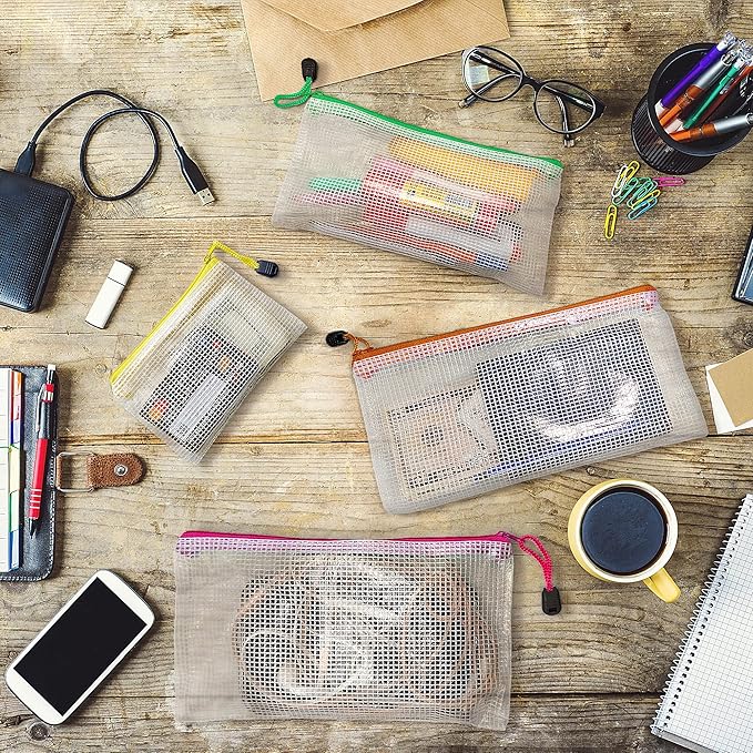 16 Pack Assorted Sizes Plastic Mesh Zipper Pouches for Storage & Organize Board Games - Puzzles - Documents - Bills - School and Office Supplies - Travel - Makeup - Multisize Mesh Zipper Pouch